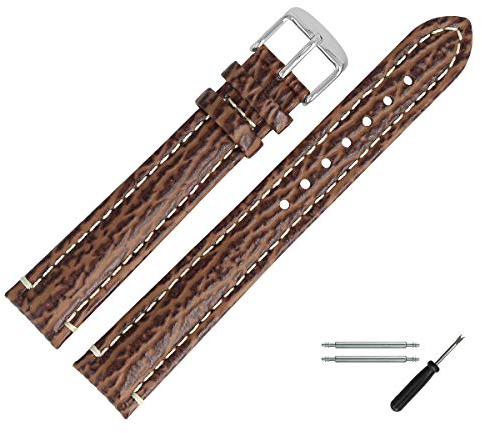 MARBURGER Uhrenarmband 20mm Leder Braun Silber XL Hai Prägung Mit Naht - Montage Set 6822032000120