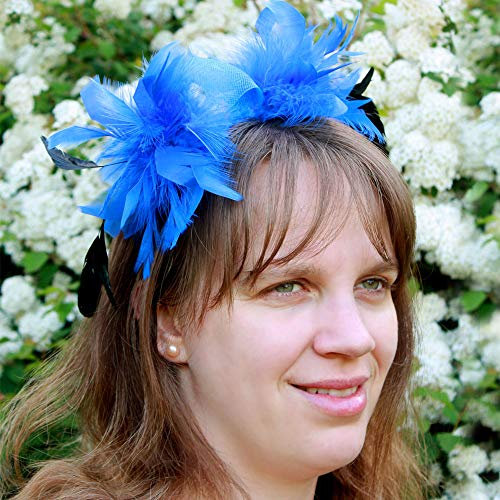 Serre Tête Mariage Bibi Tulle Plume Bleu Roy