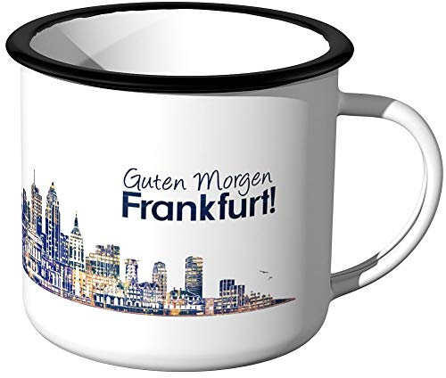 JUNIWORDS Emaille-Tasse, Guten Morgen Frankfurt, Skyline Nachtlichter, Schwarzer Tassenrand