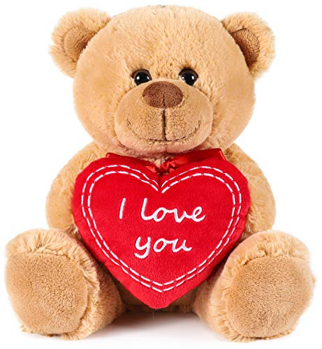 BRUBAKER Teddy Plüschbär mit Herz Rot - I Love You - 25 cm - Teddybär Plüschteddy Kuscheltier Schmusetier - Braun Hellbraun