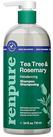Renpure Plant Based Tea Tree and Rosemary Refresh and Rebalance Shampoo - Soothes Dry Scalp - Delivers Moisture and Shine - Rids Hair of Grime - Dye Free - Recyclable, Pump Bottle Design - 24 fl oz