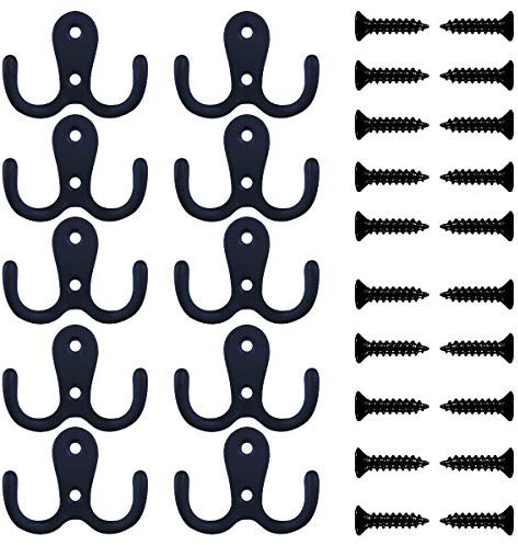 Umsole 10 Pieces Double Prong Robe Coat Hook Retro Cloth Hanger with 20 Pieces Screws (Black)