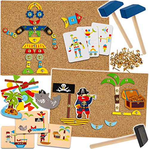 alles-meine.de GmbH XXL Set - Hammerspiel - 404 Teile - Modellwahl - Roboter & Piraten/für Kinder - Klopfspiel Nagelspiel - Hämmerchenspiel - Nagel Hammer Holz bunt - Hämmerche..