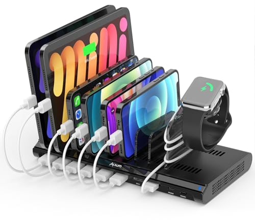 Alxum 96W 10 Port USB C Ladestation für Multi-Geräte, Schnellladestation Organizer mit 2 * 18W PD & 2*QC 3.0-Anschlüsse für Moblie Phones, Tablets