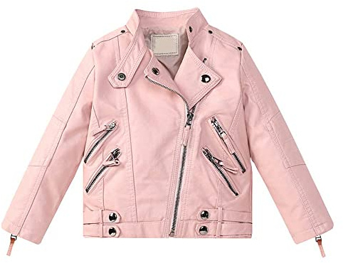 Lengender Veste en Simili Cuir Enfant Fille Manteau Courte PU Cuir Jacket Blouson Motard Hiver Automne (Rose, 100)