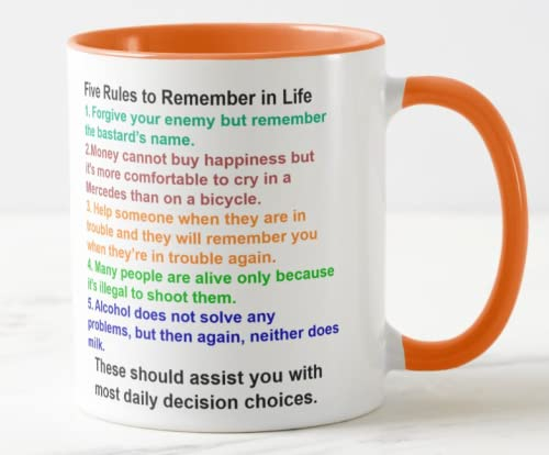 Vixar Five Rules to Remember in Life Funny Novelty Coloured Mug Cup Gift Birthday Work Office Christmas Tea Coffee (Orange)