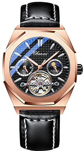 rorios Herrenuhren Leuchtende Uhren Automatik Mechanische Armbanduhr Skelettuhren mit Lederarmband Mode Tourbillon Uhr