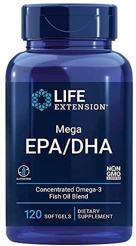 Life Extension, Mega EPA/DHA, 120 glutenfreie Softgels, 2000mg Fischöl-Konzentrat, davon 720mg EPA & 480mg DHA & 2,7mg Vitamin E je Dosis, Sojafrei, GMO frei, Geschmacksneutral