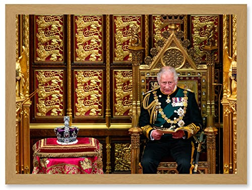 Artery8 King Charles III Third of England Scotland United Kingdom with Crown of Queen Elizabeth II Photo Artwork Framed Wall Art Print A4