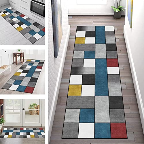 Teppich Läufer Flur Küche Teppichmatte Grau Blau Geometrisch 80X300CM, Korridor Teppichläufer Küchenläufer Rutschfest Waschbar Meterware Tepiche für Wohnzimmer Schlafzimmer Esszimmer Küchenteppich