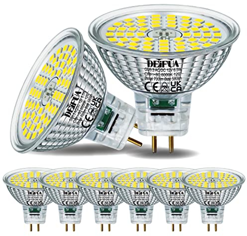 DEIFUA GU5.3 LED Lampe Kaltweiss 700 Lumen 6,5W Ersetzt 60W MR16 Halogen Glühbirne, 6er-Pack, AC/DC 12V Flimmerfrei Leuchtmittel, 6000K Strahler, 120°-Abstrahlwinkel Spot, Nicht Dimmbar Reflektorlampe