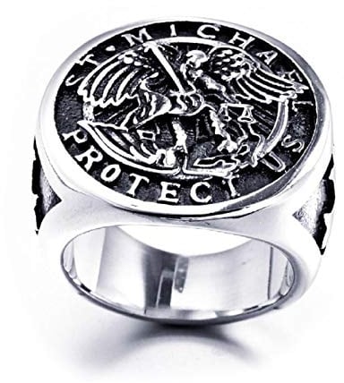 PikaLF St. Michael Ring für Männer, Vintage Kreuz Ring, Saint Michael der Erzengel besiegt Satan Figur Amulett Ring, Religiöser Ring, Punk Christian Faith Schmuck Geschenk für Männer Jungen