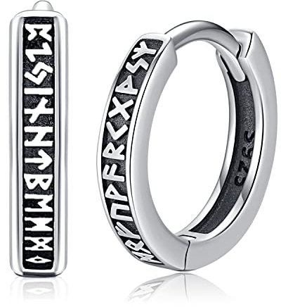 Unisex Wikinger Creolen Ohrringe Sterling Silber 925 Viking Rune Schwarz Klapp Creolen Wikinger Ohrschmuck Schmuck für Herren Männer Damen Frauen