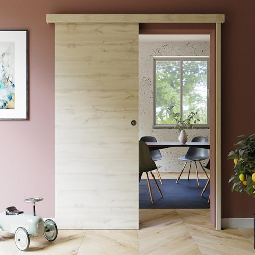 Mon Marché Déco Kit Porte Coulissante Tokyo Avec Rail 83 cm, Système Coulissant en Applique, Rail Coulissant Breveté en Aluminium Coulicool, Gain de Place et Sécurité - Avec Serrure