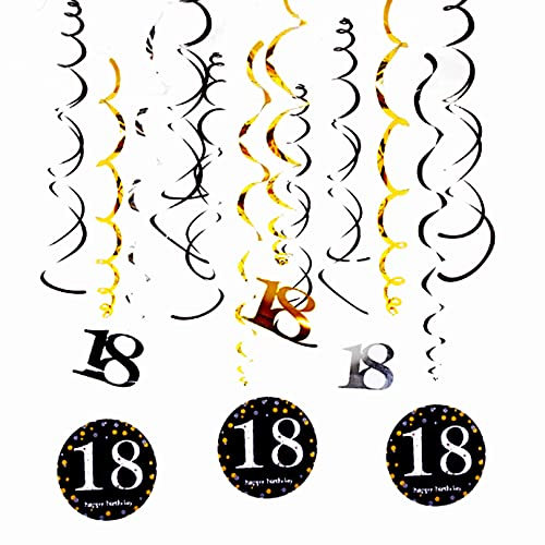 18.Geburtstag deko für Mädchen Jungen, 18 Geburtstag Party Hanging Swirls Streams Deckendekorationen 18 Geburtstag Hängedeko Deckenhänger Spiral Girlanden Schwarz Gold Geburtstag Hängend Dekoration