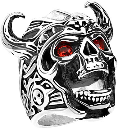 Mianova Herren Ring Edelstahl Massiv Breit Herrenring Männer Biker Rocker Silber Wikinger Schädel Totenkopf mit roten Kristall Augen Schädelring Fingerring Größe 64 (20.4)