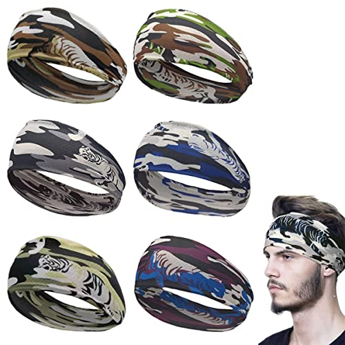 SamHeng 6 Stück Camouflage Sport Stirnbänder für Herren, Elastisch Eisseide Feuchtigkeitstransport Schweißband, Atmungsaktiv Haarband Kopfschmuck für Teenager Jungen Radfahren Fitness Stirnband