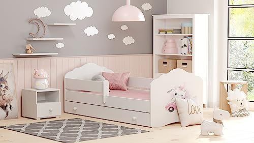KOBI Fala Kinderbett mit Rausfallschutz mit Schublade | 140 x 70 cm | Kinderbetten mit Matratze Komplett Set | Einzelbett Kinder Bett | Mädchen Junge | Modern Weiss Kids Bed Children | Kinderzimmer