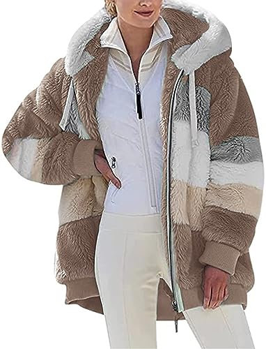 Livonmone Fleecejacke Hoodie Damen Kapuzenpullover Teddy-Fleece Warm Herbst Wintermantel Stilvoller ReißVerschluss Fellmantel PlüSchjacke Mit Taschen (Braun, XXL)
