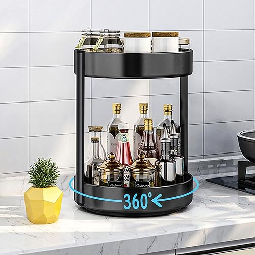 Plato giratorio, estante para especias giratorio, 2 niveles, organizador de platos giratorios 360, organizador para cocina, despensa, armario, mesa, encimera, acero y metal, (30 cm negro)