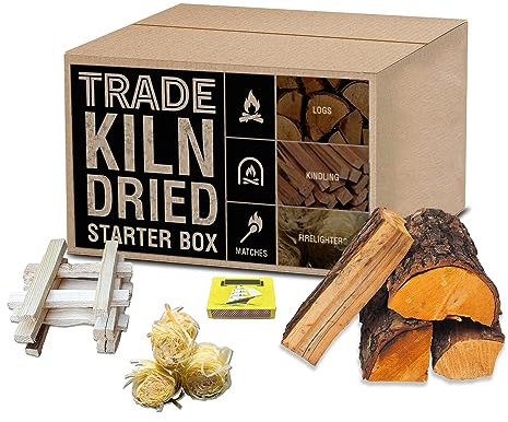 Trade Kiln Dried Starter Box-Premium Kiln Dried Hardwood Logs, Kindling, Eco Wood Wool Firelighters and Matches-Ready To Burn-Space Saving Recyclable Pack- (2 Pack)