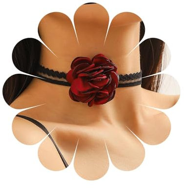 Inateannal Vintage Collana con fiori in pizzo nero Collana girocollo con fiori rossi Collana con tatuaggio corto in pizzo gotico Collana con colletto con fiori rosa Gioielli per donne e ragazze