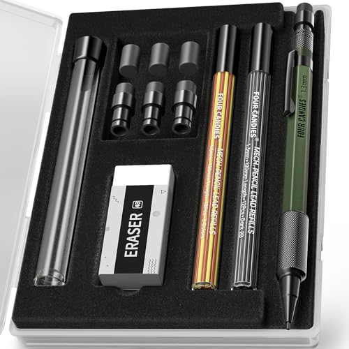 Four Candies 1,3 mm Porte Mines avec étui, Porte-mines D'extérieur en Métal avec 24 Recharges (Rouge, Noir, Jaune), Gomme, 6 Gommes pour Architecte, Dessinateur,Menuisier