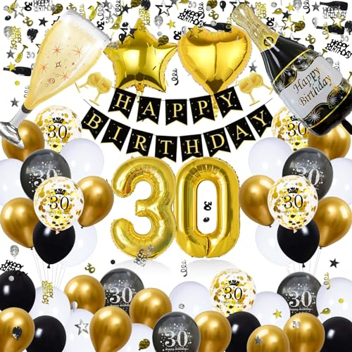 WAZIWE Luftballons 30. Geburtstag, Deko Schwarz Gold für Mann und Frau, Konfetti und Streudeko