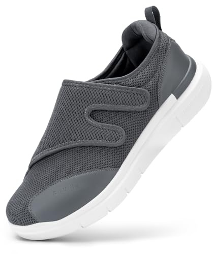 FitVille Extra Wide Fit Diabetic Shoes for Men Easy Close Orthopedic Slippers Adjustable Slip On Walking Sneakers for Swollen Feet Plantar Fasciitis, Grey, 10 UK X-Wide