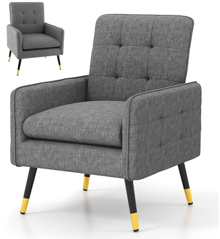 Multigot Modern Accent Armchair, Upholstered Linen Fabric Leisure Chair with Solid Metal Legs and Adjustable Foot Pads, Resting Single Sofa Chair for Living Room Bedroom Office (Grey)