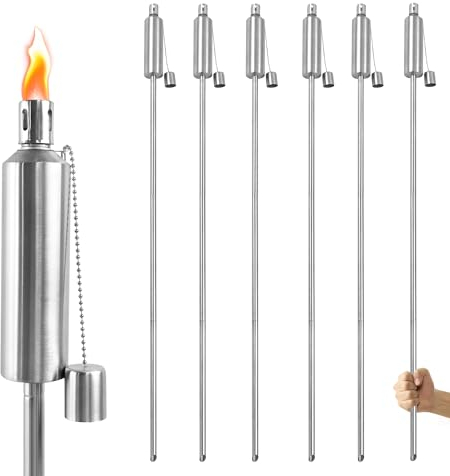 SUBTLETY 115cm Öl Gartenfackeln für Draußen Edelstahl Öllampe Fackeln mit 330ml Nachfüllbar Öl Tank Ölfackeln Brenndauer 6h Rostfrei Petroleumlampe für Balkon Garten Outdoor (6er Set)