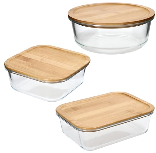 Ritzenhoff & Breker Esperanza Lot de 3 boîtes de conservation en verre avec couvercle en bois I 1 x 1,25 l rond, 1 x 1,1 l carré et 1 x 1,5 l rectangulaire I Couvercle en bambou durable avec bol en