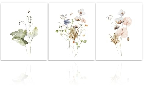 Dazzlewall Rustikale Blumen Wandbilder Minimalistisches Aquarell Botanisches Leinwand Bilder für Schlafzimmer Wohnzimmer Deko Ohne Rahmen 20x25 cm 3er Set