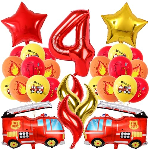 Meanju Feuerwehr Geburtstag Deko 4 Jahre 21 Stück, Feuerwehrauto 4 Geburtstag Luftballon, Kindergeburtstag Feuerwehrauto Deko, Feuerwehrmann Geburtstagsdeko, Geburtstagsdeko 4 Jahre Junge