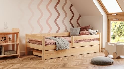 YOUKO Cama Infantil con Barrera 90x190 cm - Cama Montessori de Madera de Pino - Cama para Niños y Niñas con Barandilla de Seguridad sin Colchón