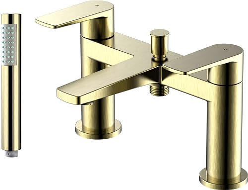 Home Range Bath Shower Mixer Tap with Shower Head | Brushed Gold Finish Dual Lever Mixer | Brass Construction | Comes with Holder & Shower Hose | Modern Design