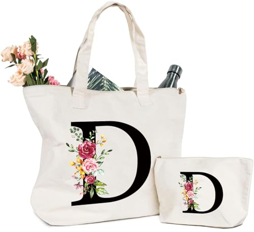 Sac Fourre-Tout en Toile avec Initiale Fleur, Sac Tote bag en Toile Trousse de Maquillage Personnalisés Idéal pour Mariage Anniversaire Plage Vacances, Cadeau Parfait pour Femmes Amis Maman Sœurs (D)