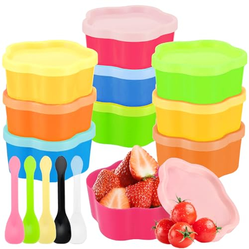 PIWOSGOL 10 Pcs Tarros de Plastico con Tapa Pequeños, 90ml Recipientes para Comida de bebé, Contenedores de Alimentos, Vasos de Almacenamiento de Alimentos, sin BPA, Refrigerar y Microondas (Flor)