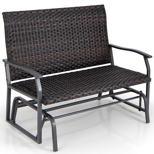 COSTWAY Gartenbank Polyrattan, wetterfeste Schaukelbank mit sanfter Gleitbewegung und bequemer Baumwollfüllung, 2-Sitzer Sitzbank bis 360 kg belastbar, Terrassenbank für Balkon, Garten, Terrasse