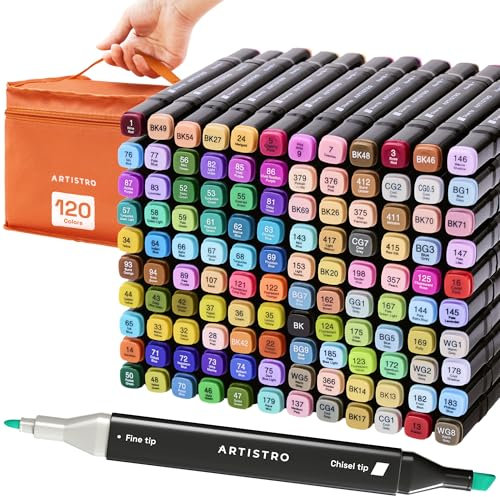 Artistro 120 Dual-Tip Alkoholmarker – Alkoholbasierte Stifte-Set, Meißel- + Feine Spitze, Schnell trocknend, Inklusive Tragetasche