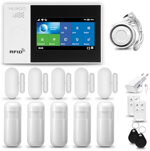 HUXGO® HXA007 Alarmanlage fürs Haus WiFi + GSM Set mit Sirene | Funk Alarmanlage Wohnung mit App. TUYA |Alarm System mit 5X Bewegungssensor, 5X Fensteralarm/Türsensoren | Smart Home