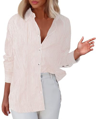 ZGIDDAZ Chemisiers Et Blouses Femme Chemise Femme Rayée Col V Chemise Rayée Bleue Femme Manche Longue Chemisier Vichy Femme Boton Chemisier Femme Manche Longue Pas Cher Mode Rose L