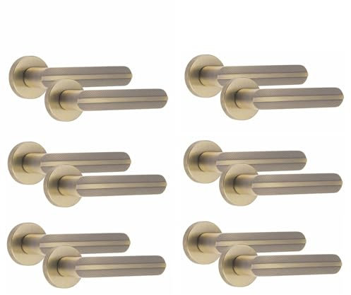 Golden Grace Modern Lima Knurled Design Premium Door Handles on Round Rose in Antique Brass - 6 Pairs
