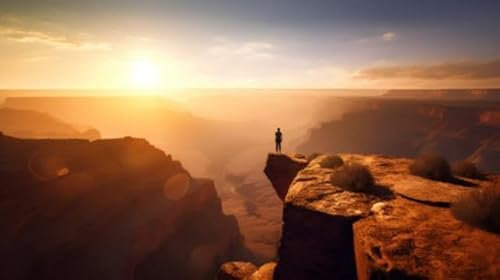 Poster-Bild 140 x 80 cm: Mann steht am Rand einer Klippe und blickt auf den Sonnenuntergang über dem Grand Canyon (201387195)