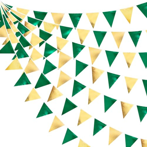 32Ft Green Gold Bunting Banner Party Decorations Fabric Triangle Flag Pennant Garland Streamers for Graduations Retirement Spring Summer Master Golf Birthday Wedding Bridal Baby Shower Hanging Decor