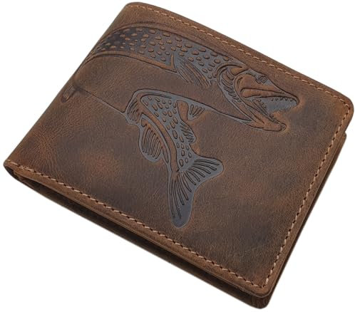 myledershop Echt Büffel-Vollleder Geldbörse/Geldbeutel/Portemonnaie/Geldtasche in Querformat mit Fisch-Motiv und RFID & NFC Schutz (Braun)