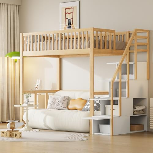 Dolamaní Hochbett 90x200 cm Einzelbett für Kinder und Jugendliche, Jugendbett Kinderbett mit Lattenrost und Treppe, Bett aus Kiefern Holz, Hoch 180 cm mit Rausfallschutz (Weiß+Natürliche)