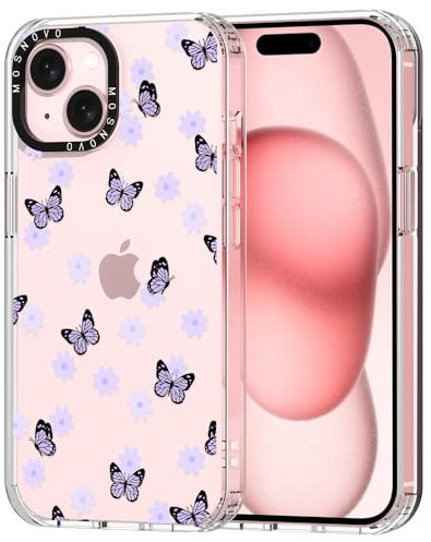 MOSNOVO für iPhone 15 Plus Hülle – Durchsichtige, schlanke, stoßfeste TPU+PC-Handyhülle, [6,6 Fuß Fallschutz/Anti-Abziehen] - Lila Schmetterling