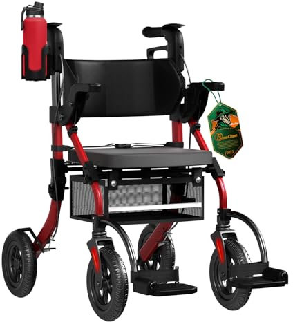 BeneCane 2in1 faltbarer Rollator für ältere Menschen, Leicht Rollstuhl mit großen rutschfesten Gummirädern für Männer & Frauen, Höhenverstellbarer Gehwagen, Gehhilfe, Laufhilfe für Senioren (Rot)