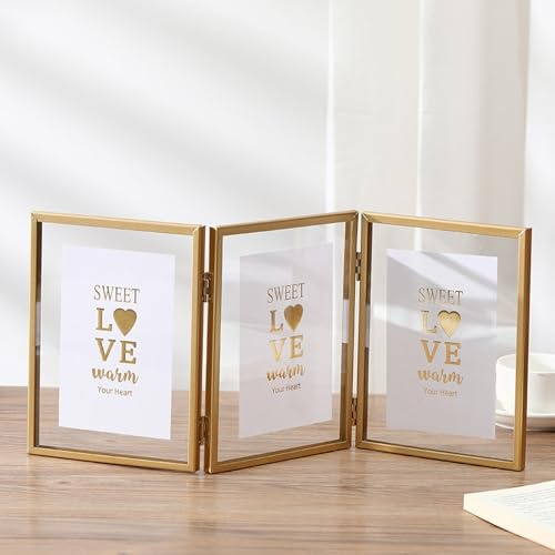 Bilderrahmen 10x10 Gold Metall Klappbarer für 3 Bilder Collage, Kleine Fotorahmen Acrylglas für Gepresste Blumen Vertikal für Tischdisplay, für Schreibtisch, Büro, Familie, Hochzeit oder Jahrestag